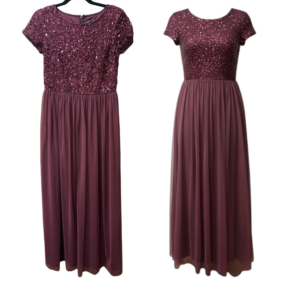 Adrianna Papell Sequin & Tulle Short Sleeve Maxi Gown Burgundy Wine Modest 6